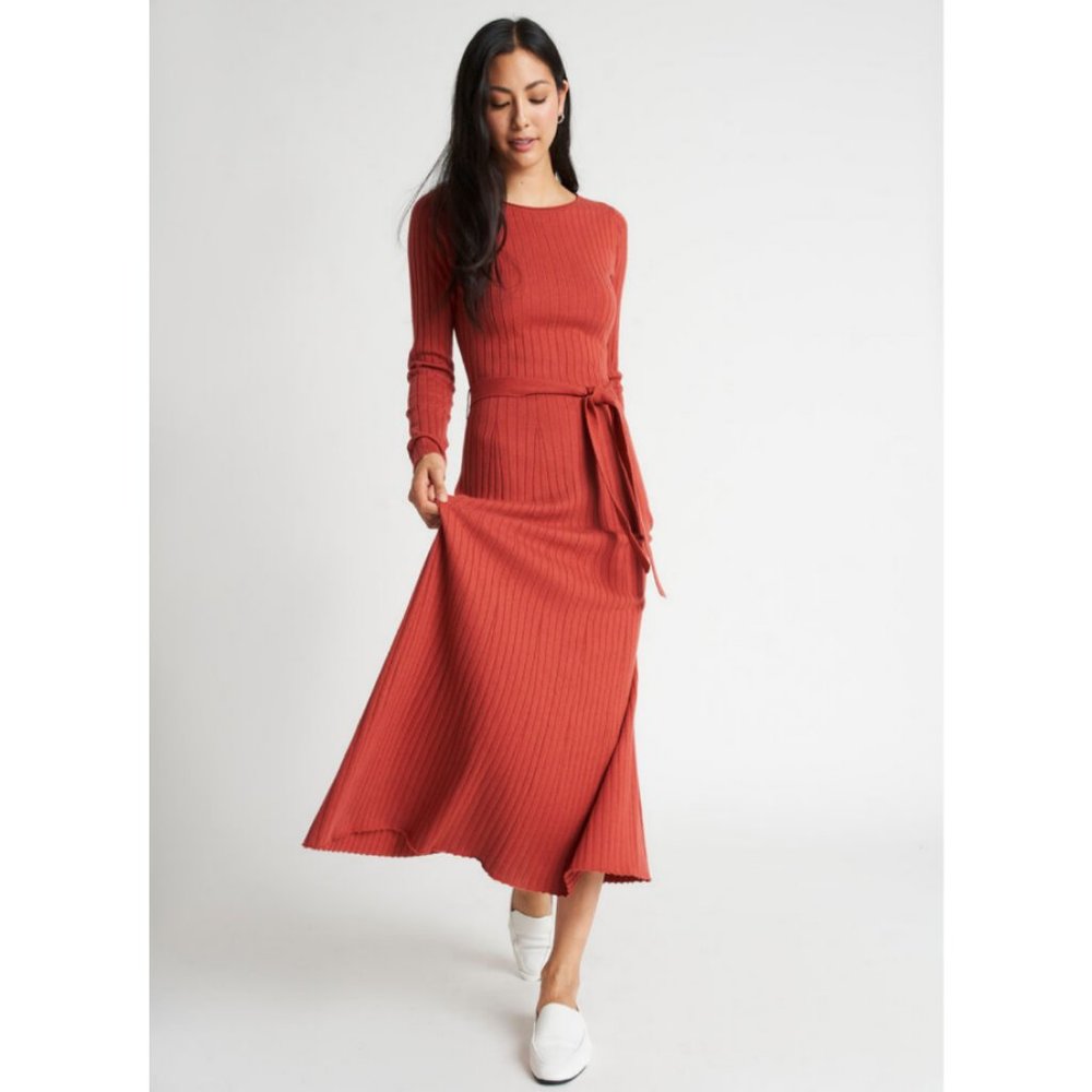 Kit & Ace Dreamy Long Sleeve Flare Dress Merino Wool Midi Made Ribbed Belted XL